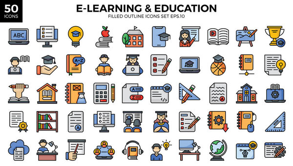 E-learning and education filled outline icons set