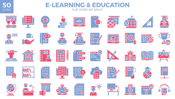 E-learning and education flat two color icons set.