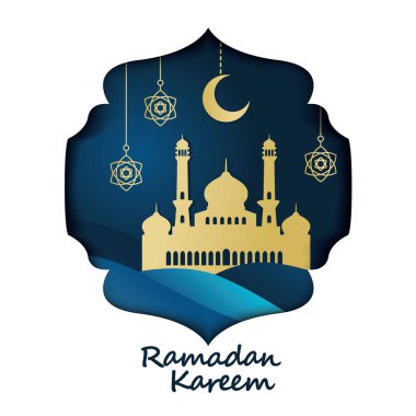 Ramazan Kareem İllüstrasyonu Arap altın origami camisi, hilal ay süslemesi