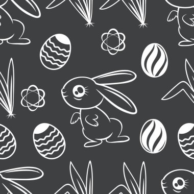 Tavşanların, tavşanların, yumurtaların, çiçeklerin ve siyah arka planda yaprakların kusursuz el çizimleri. Vektör illüstrasyonu