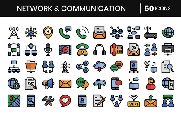 Netzwerk Und Kommunikation Icons Bundle Gefüllte Umrisse Symbole Stil Vektorillustration — Stockvektor