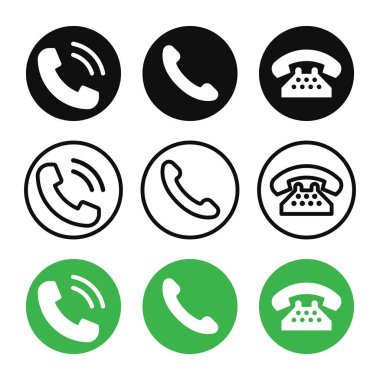 Telefon simgesi seti. Sembolle bağlantı kurun. Cep telefonunun resimli mesajı. Vektör illüstrasyonu