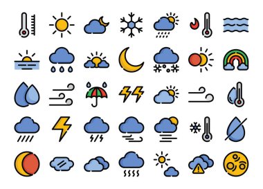 Hava koşulları çizelgesi simgeleri ayarlandı. Koleksiyonda iş dünyası, UI UX, sosyal medya ve web sitesi yer alıyor..