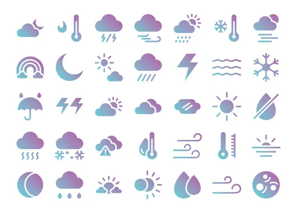 stock vector Weather flat gradient icons set. The collection includes in business, UI UX, social media and website.