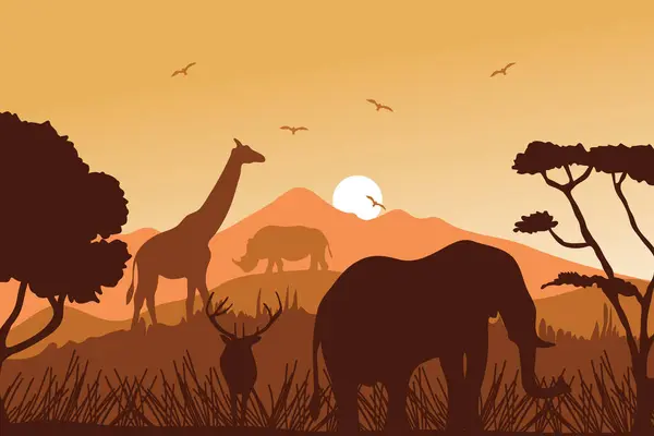 Savanna Sunset Background Vector Illustration lizenzfreie Stockvektoren