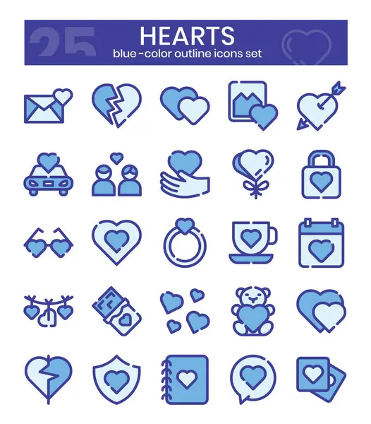 Hearts Blue Colored Outline Icons Set Vector Illustrations Stockvektor