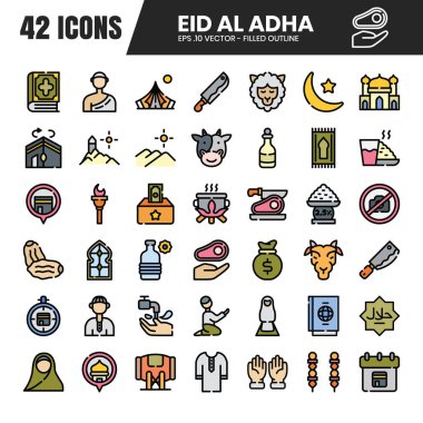 A collection of filled outline icons celebrating Eid al-Adha, featuring symbols like sheep, mosques, and crescent moons. Perfect for digital and print media. clipart