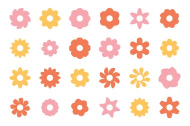 Havalı hippi papatya çiçekleri seti. Retro vintage tarzı, elle çizilmiş dekoratif öğeler. 60 'lar, 70' ler, simge. Vektör illüstrasyonu