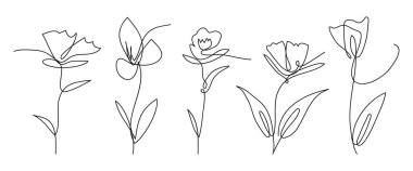Tek satır sanat vektörü çiçek illüstrasyonu koleksiyonu. El çizimi vektör illüstrasyonu