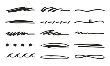 İşaretleyici karalama elemanları koleksiyonu. El çizimi vuruşlar, vektör illüstrasyonunun altını çizer