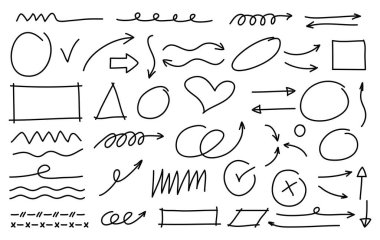 El çizimi karalama tarzı oklar, kalp, zigzag, daire ve şekil koleksiyonu