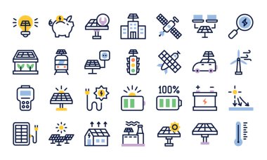 Güneş enerjisi ana hat renk simgeleri ayarlandı. Dijital ve yazdırma ortamı için mükemmel. Vektör illüstrasyonu