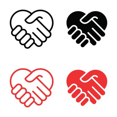 El sıkışma kalp çizgisi ve düz vektör simgeleri ayarlandı. Kırmızı ve siyah tokalaşma işareti. İletişim, ortaklık, arkadaşlık sembolleri. Vektör illüstrasyonu