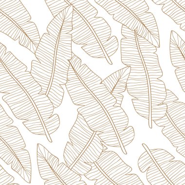 Beyaz zemin üzerinde el yapımı altın muz yaprakları bulunan kusursuz desen, tekstil, duvar kağıtları ve tasarım projeleri için mükemmel..