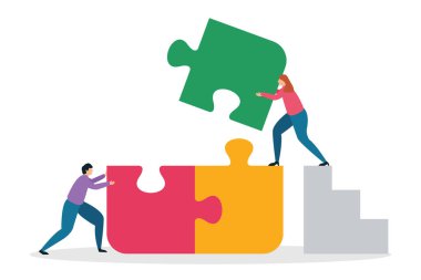 İş konsepti. Takım metaforu. Yapboz elementlerini birbirine bağlayan insanlar. Takım çalışması, işbirliği, ortaklık sembolü. Vektör illüstrasyon düz tasarım şablonu.