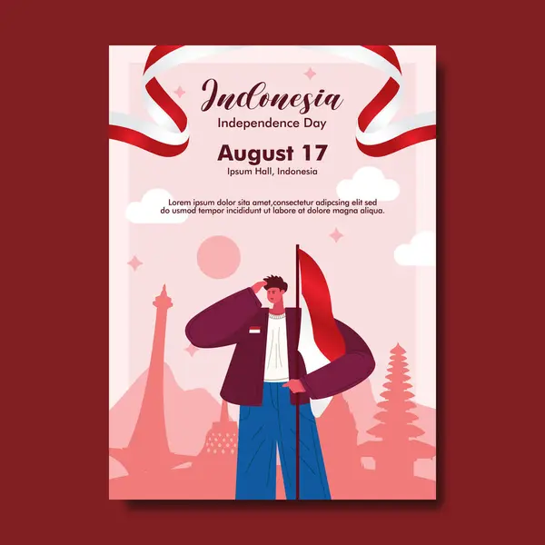 stock vector Flat Indonesia Independence Day Vertical Poster with man saluting and holding flag