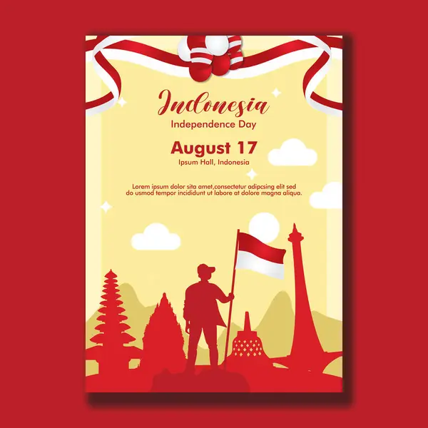 stock vector A vertical poster template for Indonesia Independence Day featuring a silhouette of a person holding the national flag.