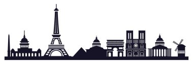 Siluet Paris silueti. Paris 'in ünlü simgelerini dolaş. Sunum, bayrak ve web sitesi için iş ve turizm kavramı