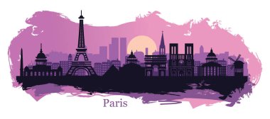 Paris 'in, Eyfel Kulesi, Zafer Takı ve Notre Dame Katedrali' nin sanatsal lekeleri ve boya lekeleri içeren stilize bir tasviri..