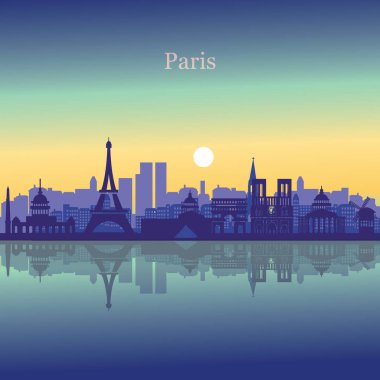 Paris şehrinin siluetinin bir vektör çizimi, ikonik simgeler içeriyor..