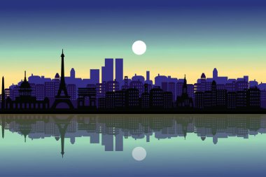 Paris şehrinin siluetinin bir vektör çizimi, ikonik simgeler içeriyor..