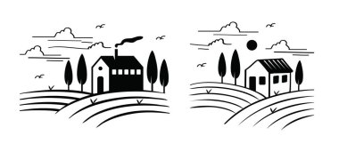 El çizimi siyah-beyaz çiftlik evi vektör çizimi