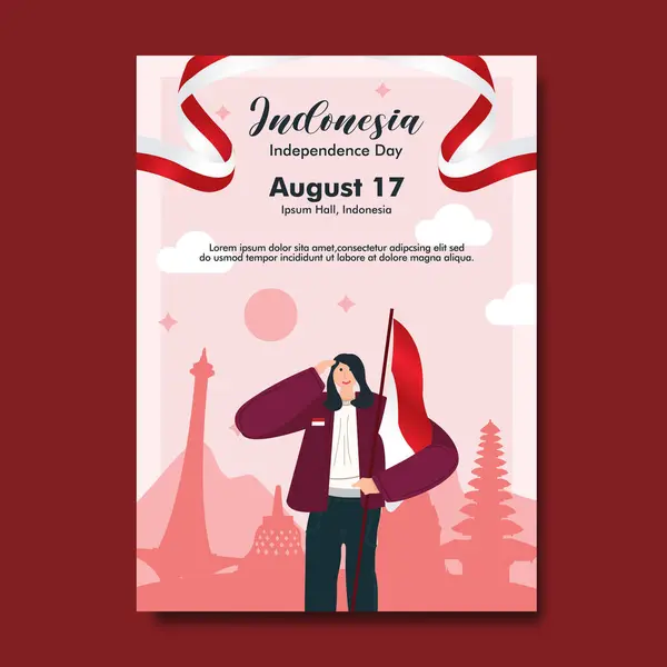 stock vector Flat Indonesia Independence Day Vertical Poster with woman saluting and holding flag