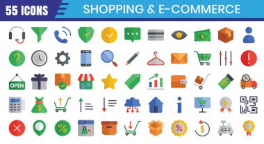 E-ticaret simgeleri ayarlandı. Çevrimiçi alışveriş simgesi koleksiyonu. Düzenlenebilir felç. Vektör illüstrasyonu