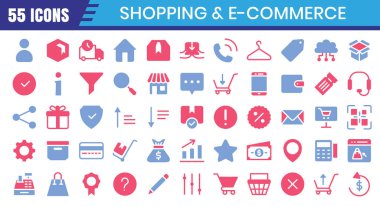 E-ticaret simgeleri ayarlandı. Çevrimiçi alışveriş sitesi iki renkli ikon koleksiyonu. Düzenlenebilir felç. Vektör illüstrasyonu
