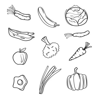 Beyaz arka planda el çizimi yiyecek, meyve ve sebze sanatı. Vektör illüstrasyonu