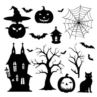 Siluet Cadılar Bayramı element koleksiyonu beyaz arka planda siyah. Vektör illüstrasyonu
