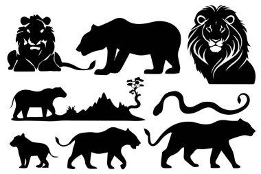 Vahşi hayvan örnekleri. Hayvanlar silueti. Vektör illüstrasyonu.