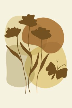 Soyut çiçekler ve kelebek modern botanik çizimi. Vektör illüstrasyonu