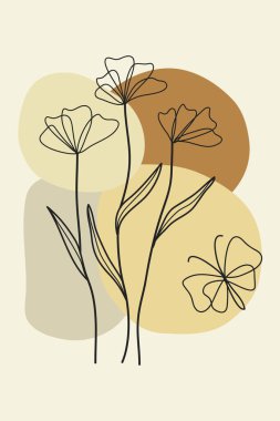 Soyut çiçekler ve kelebek modern botanik boho tek çizgi sanatı. Vektör illüstrasyonu
