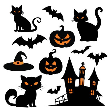 İçinde perili ev, siyah kediler, yarasalar, ağaç, balkabakları olan Cadılar Bayramı illüstrasyon koleksiyonu.