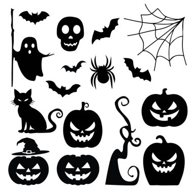 Siluet Cadılar Bayramı element koleksiyonu beyaz arka planda siyah. Vektör illüstrasyonu