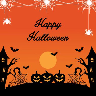 Siluet balkabağı, perili ev ve turuncu arka planda örümcek ağlı Cadılar Bayramı tebrik kartı. Vektör illüstrasyonu