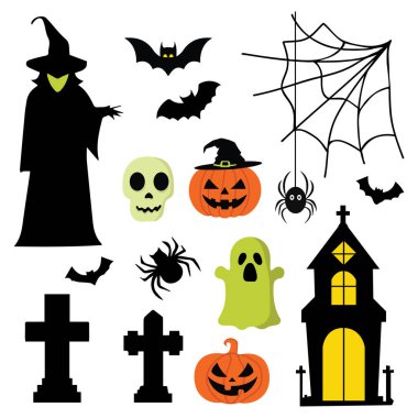 Cadılar Bayramı elementleri koleksiyonu perili ev, kafatası, yarasalar, ağaç, balkabağı, ay, mezar taşı, cadı, hayalet ve örümcek ağı. Vektör illüstrasyonu