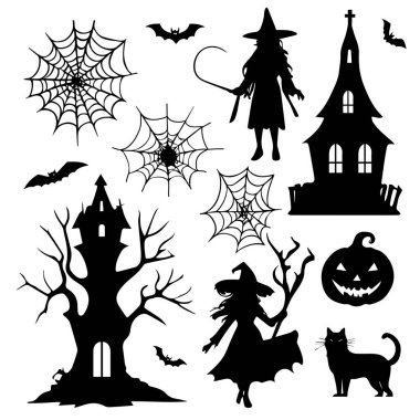 Siluet Cadılar Bayramı element koleksiyonu beyaz arka planda siyah. Vektör illüstrasyonu