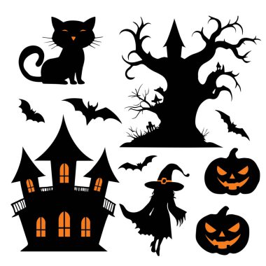 Cadılar Bayramı resimli perili ev, siyah kediler, yarasalar, ağaç, balkabağı, kadın cadı. Vektör illüstrasyonu.