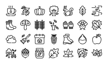 Sonbahar ana hatları simgesi seti. Sonbahar mevsimi elementlerinin vektör illüstrasyonu.