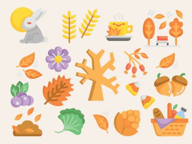 Düz dizaynlı sonbahar kutlaması unsurları koleksiyonu. Vektör illüstrasyonu