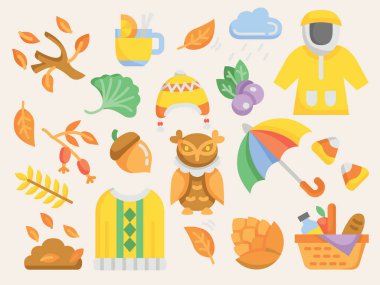 Düz dizaynlı sonbahar kutlaması unsurları koleksiyonu. Vektör illüstrasyonu