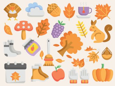 Düz biçimdeki mevsimlik sonbahar element koleksiyonu. Vektör illüstrasyonu