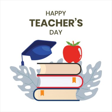 Düz dünya öğretmenler günü kitaplar, mezuniyet şapkası, elma ve ayrılıklar dahil. Vektör illüstrasyonu