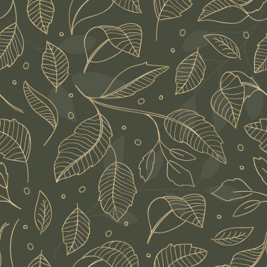 Yeşil arkaplandaki altın yapraklarının kusursuz desenli arkaplanı. Vektör illüstrasyonu