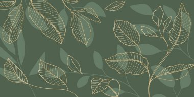 Altın botanik yaprakları el çizimi yeşil arka planda izole edilmiş. Vektör illüstrasyonu