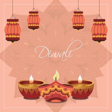 Mum ve lanternli geleneksel diwali festivali kartı. Sosyal medya şablonu. Vektör illüstrasyonu