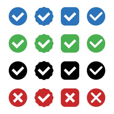 İşaretleme simgeleri mavi, yeşil, siyah ve kırmızı izole edilmiş beyaz arka planda doğru ve yanlış seçimler. İşaretleme işareti doğru ve yanlış işaret işareti. Onaylanmış sembol. Vektör İllüstrasyonu.