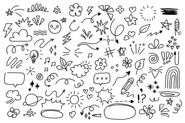 Beyaz arkaplanda izole edilmiş şirin kalem çizgisi ögesi seti. El çizimi karalama biçimi koleksiyonu.